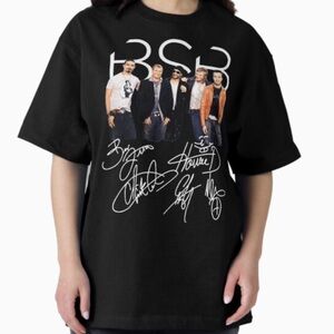 black cotton Backstreet Boys T-shirt with a graphic print of the band members